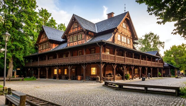 Traditional Wooden Lodge with Courtyard and Trees.
