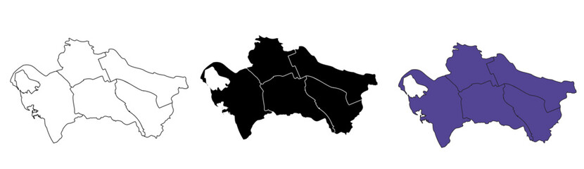 Obraz premium A set of vector maps of Turkmenistan with prefecture boundaries in three styles