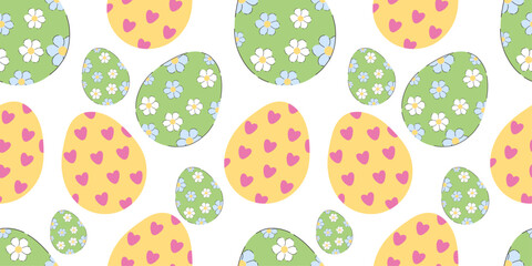 Easter eggs seamless pattern with heart and daisy decorations in pastel colors on light background. Yellow eggs with pink hearts and green eggs with white and blue flowers. 