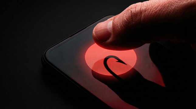 A finger touches a smartphone screen with a red fishing hook icon. This symbolizes online phishing, digital traps, or rage bait designed to lure users. Useful for cybersecurity topics.