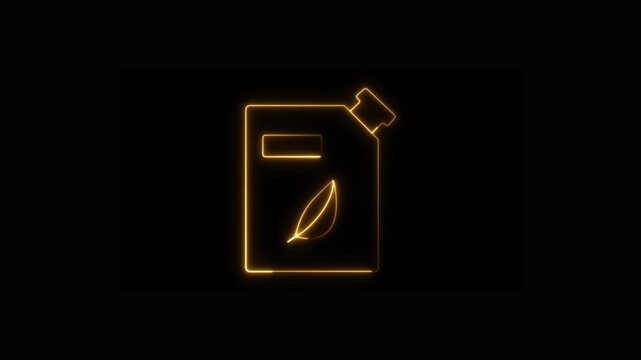 Glowing neon orange gas can with leaf symbol drawing animation on a black background, clean energy, biofuel, ecology, sustainable fuel, or green technology