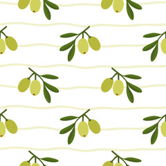 Green olive tree twigs on a striped background. Vector seamless pattern. Botanical print for oil food label, home fabric, textile and wallpaper.