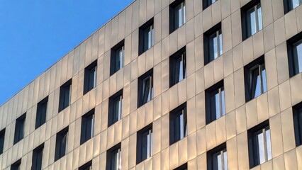 Office building facade with repetitive windows and clear sky.