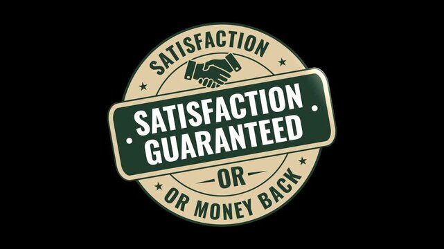4K animated Satisfaction Guaranteed seal badge with handshake icon on transparent background with alpha channel.