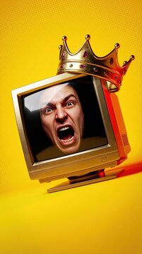 A screaming face in a crowned golden vintage monitor on yellow. Represents digital outrage, online aggression, and viral rage bait. Perfect for social media, tech, or controversial media.