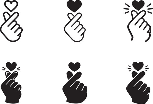 Finger heart love and gratitude outline icon set. Korean hand gesture editable stroke vector.