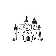 Obraz premium Smiling Cat in Front of Medieval Castle