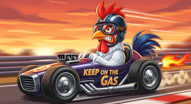 Angry Rooster Racing Car with Flames.