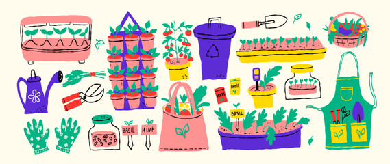 Sustainable Eco Gardening And Urban Farming Collection With Organic Plants Gardening Tools