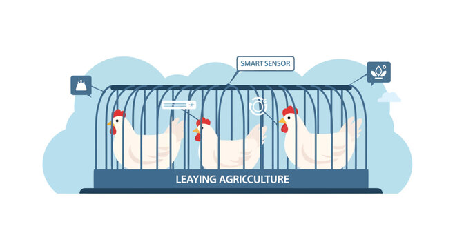 Chickens confined in a cage representing leaving agriculture.