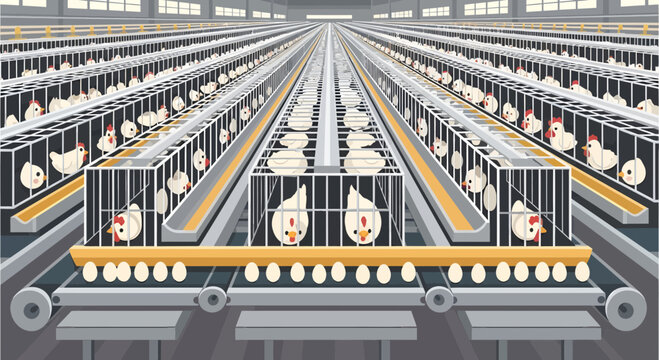 Industrial chicken farm cages with eggs on conveyor belt.
