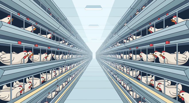Intensive chicken farming in battery cages.
