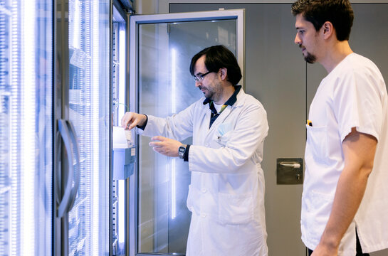Pharmacists managing medication in hospital pharmacy department