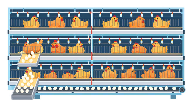 Modern poultry farm with chickens and eggs on conveyor belt.