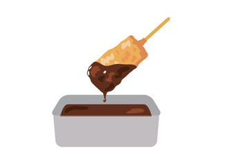 ソースを付けている串カツ