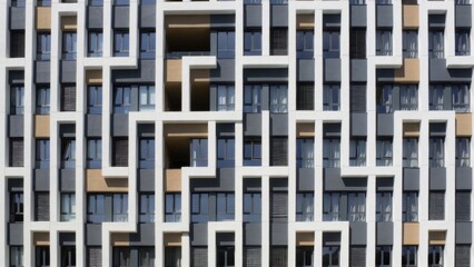 Modern building facade with repeating geometric balcony pattern.