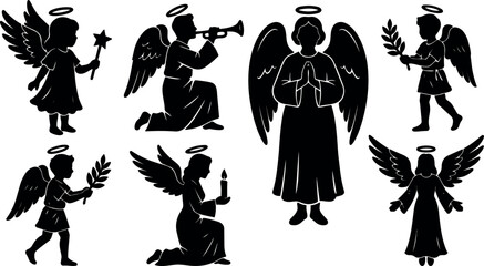 Naklejka premium Flat design silhouette angel icon set with praying kneeling trumpet candle and laurel poses in black and white vector collection