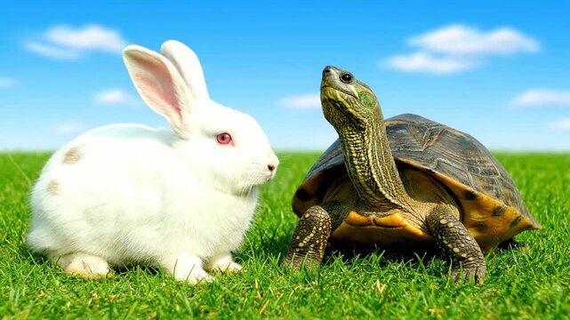 A fluffy white rabbit and a turtle gaze at each other on a green lawn