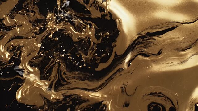 Abstract fluid artwork featuring gold paint flowing and splattering on a black background
