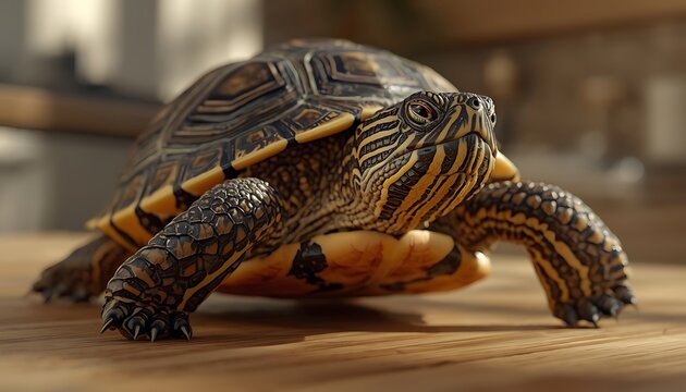 A close-up of a turtle on a wooden surface, showcasing its intricate shell patterns and textures.