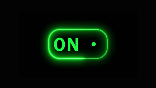 Glowing neon 'ON' toggle switch animation with a green indicator on a black background, power, control, activation, interface, or technology