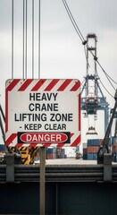 Obraz premium Industrial Crane Warning Sign: Keep Clear of Heavy Lifting Zone Amidst Shipping Containers
