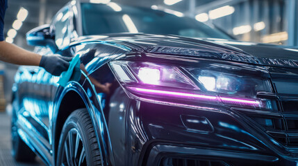 Obraz premium Person wearing gloves meticulously cleaning and polishing a shiny black modern vehicle in a well-lit automotive detailing workshop or garage environment