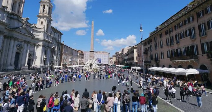 Motion lapse at Piazza Navona in Rome, Italy, aerial drone.  Piazza Navona is a popular destination in Rome, the 3rd most visited city in European Union