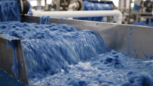 Closeup of vibrant blue fibers being processed and washed in an industrial textile manufacturing facility showcasing the dyeing and cleaning stages of fabric production.