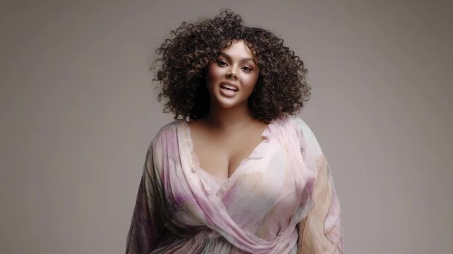 Elegant plus-size woman with voluminous curly hair posing in a flowing pastel dress