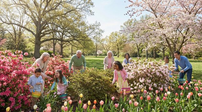 Multi-generational family hunts for Easter eggs in blooming spring park. Joyful atmosphere with flowers and baskets. Ideal for holiday marketing and family lifestyle themes.