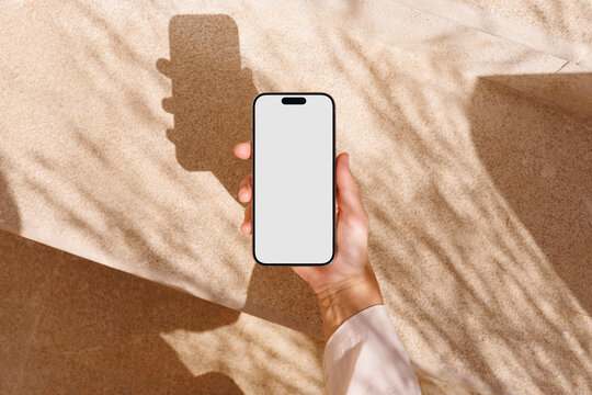 Summer Phone mockup with white screen outdoors on steps