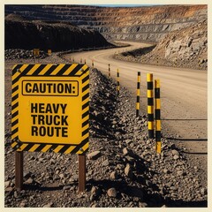 Industrial Mine Road: Caution Sign Guides Heavy Truck Route Across Rugged Landscape