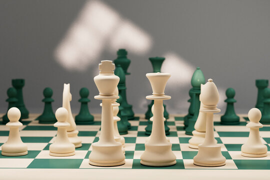 3D render of chessboard with white pieces in focus
