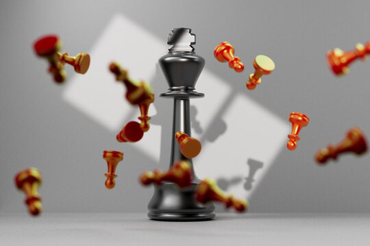 3D render of red and yellow chess pieces flying mid-air