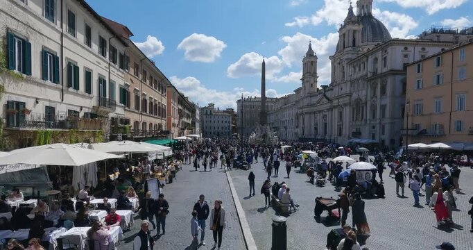 Motion lapse at Piazza Navona in Rome, Italy, aerial drone.  Piazza Navona is a popular destination in Rome, the 3rd most visited city in European Union
