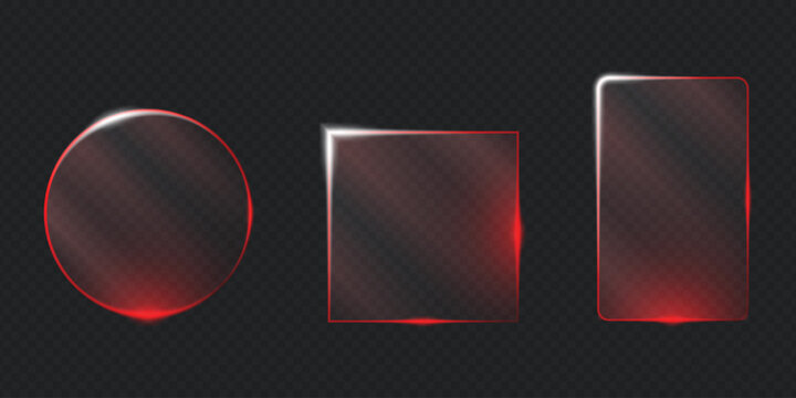 Glowing red glass plates. Clear neon borders circle and rectangle for futuristic interface and banners