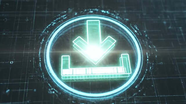 A digital rendering of a glowing download icon. The image has a blue and green neon effect