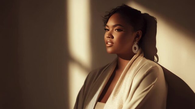 Elegant woman bathed in warm golden hour sunlight, casting dramatic shadows on the wall
