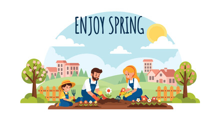 Obraz premium Modern vector illustration of family planting flowers together in home garden during spring season. Parenting bonding, eco lifestyle and outdoor activity concept with parents teaching children