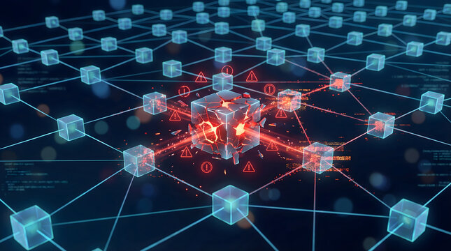 abstract digital illustration of a cyber security data breach showing a glowing red exploded cube in a blue network grid with warning icons and binary code representing hacking