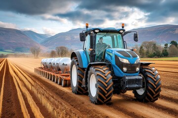 Obraz premium Blue tractor in a plowed field pulls a multi-row planter under dramatic valley skies