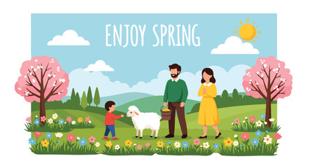 Obraz premium Modern vector illustration of family visiting countryside farm during spring holiday and feeding animals. Educational travel and outdoor bonding concept for parents and children lifestyle scene