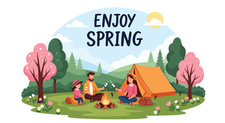 Modern vector illustration of family camping in forest during spring holiday with tent and campfire. Outdoor adventure lifestyle concept with parents and kids enjoying nature vacation together © Amie