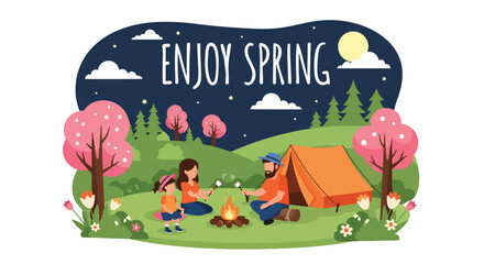 Modern vector illustration of family camping in forest during spring holiday with tent and campfire. Outdoor adventure lifestyle concept with parents and kids enjoying nature vacation together © Amie