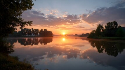 Obraz premium A vibrant sunrise casts a warm glow over a tranquil lake with its light reflecting on the calm water and illuminating colorful clouds in the sky