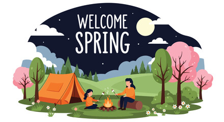 Modern vector illustration of family camping in forest during spring holiday with tent and campfire. Outdoor adventure lifestyle concept with parents and kids enjoying nature vacation together © Amie