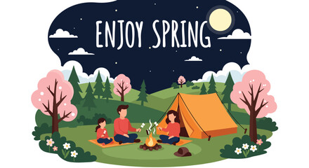 Modern vector illustration of family camping in forest during spring holiday with tent and campfire. Outdoor adventure lifestyle concept with parents and kids enjoying nature vacation together © Amie