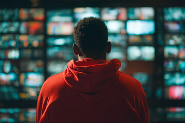 Fototapeta premium Man in red hoodie watching multiple screens with vibrant blurred images in a dark room, representing technology and digital entertainment concepts