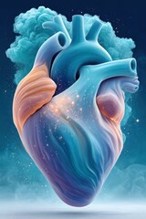 Fototapeta premium Glowing blue heart sculpture with light particles and stars in a cosmic scene